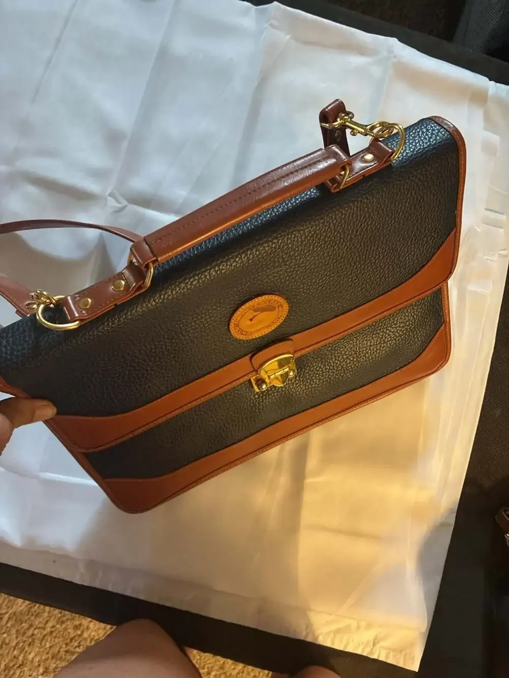 Vintage Dooney & Bourke All-Weather Leather Navy and Tan Satchel Briefcase